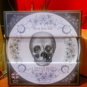 4-PC Harvest Green Studio Spooky HALLOWEEN Skull Dinner Plates NEW!